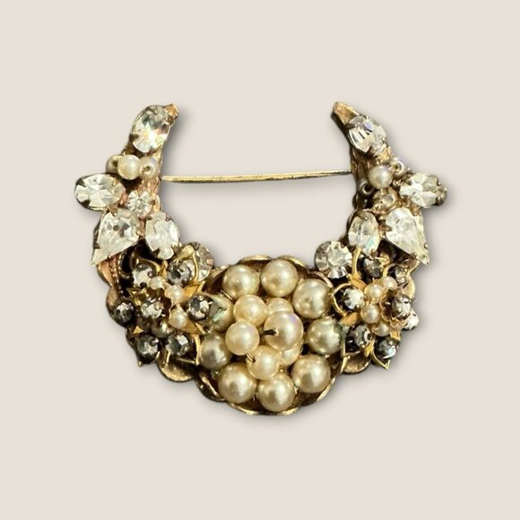 Vintage Estate Original By Robert Beaded  Rhinestone  Pearl Crescent Brooch - Picture 1 of 6